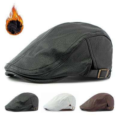Middle-aged Elderly Men's Autumn Winter Thick Warm Beret British Pu Leather Forward Cap