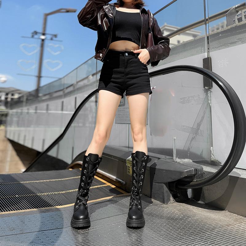 Large size single boots 0000 autumn and winter long boots lace-up round head side zipper thick heel tall women's knight boots