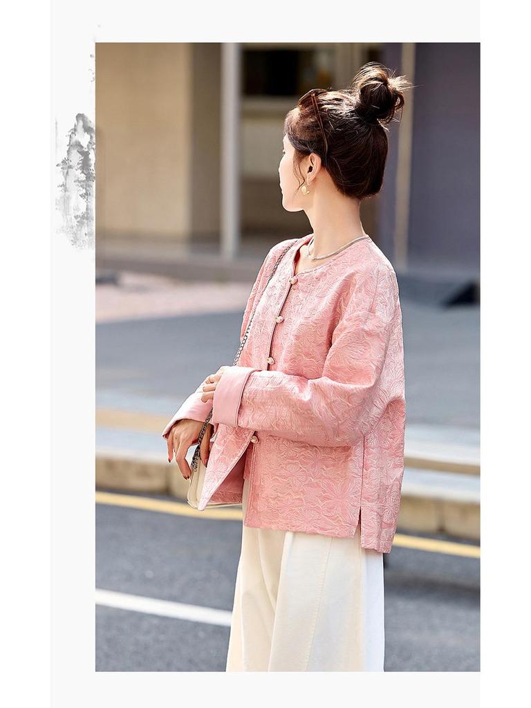 Spring 2025 Women's Chinese-Style Jacquard Round Neck Single-Breasted Short Jacket YB8863