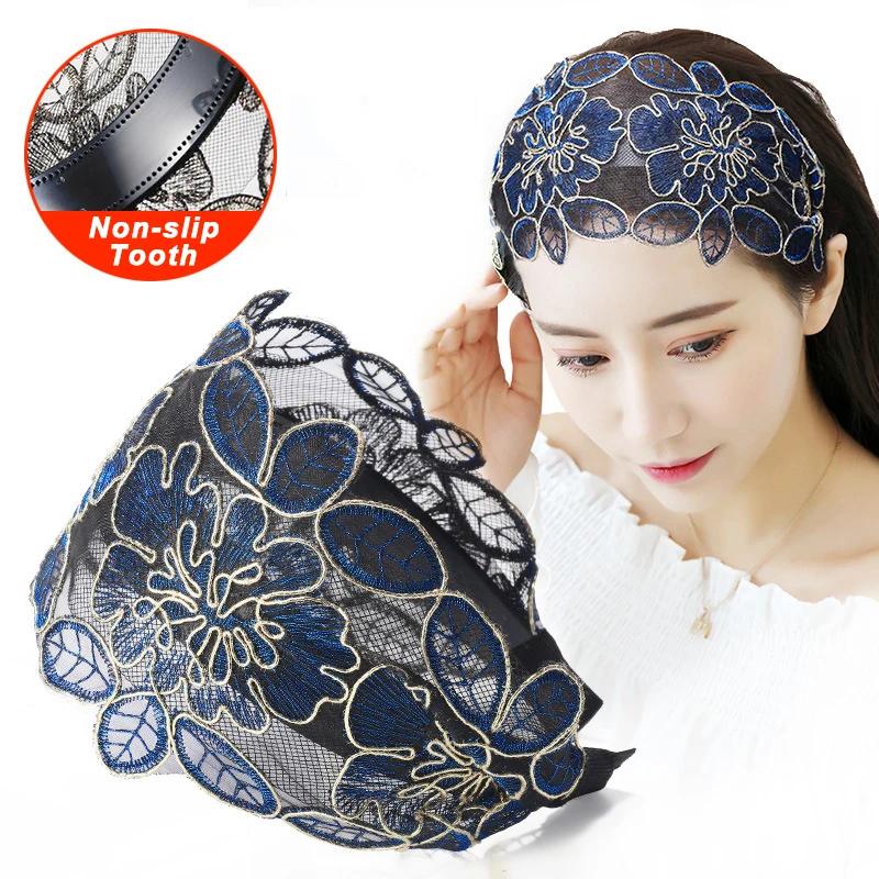 Spitzenblumen-Stirnband, breites Haarband für Frauen, gezahnt, rutschfest, elastisch, Haarband, Lünette, Haarschmuck, Kopfschmuck