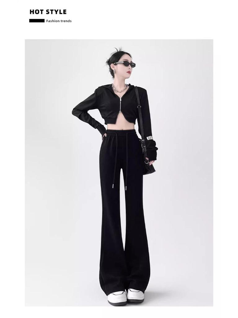 Petite High Waist Flare Sweatpants for Women - White/Grey, Slimming Horseshoe Design, Drawstring, American Style, Spring/Autumn.