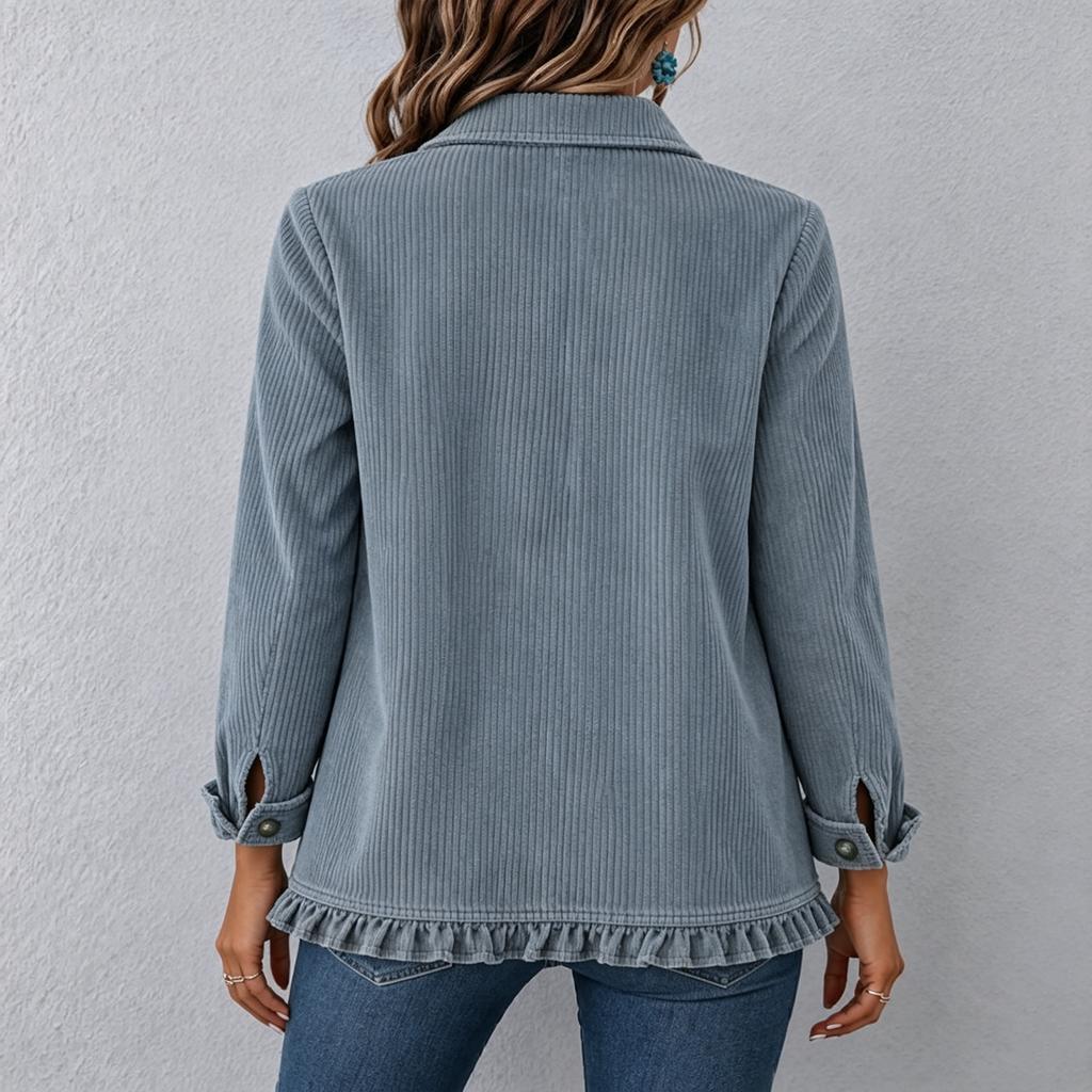 Damen Kord Kürzjacke mit Rüschensaum, Reverskragen und doppelreihigem Design