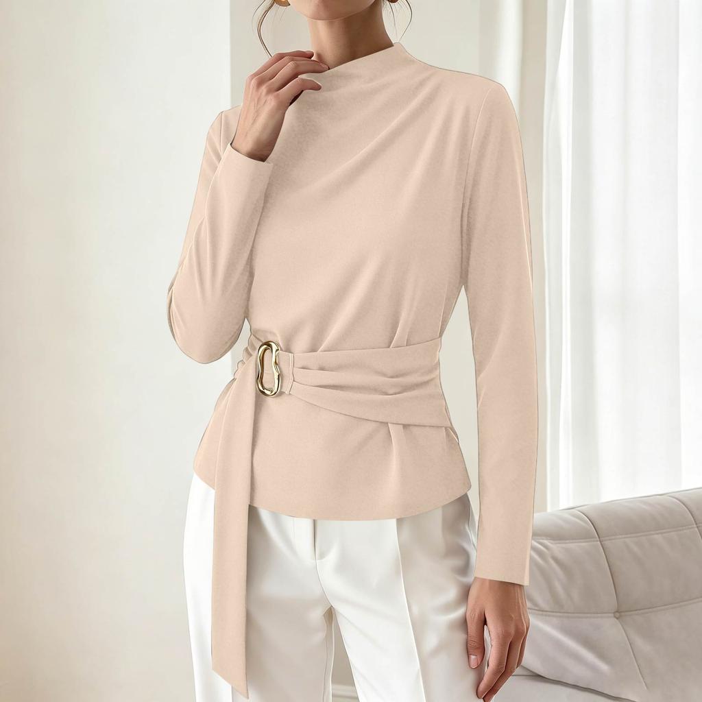 Women's Casual Slim Fit Asymmetrical Neckline Pleated Top for Everyday Layering