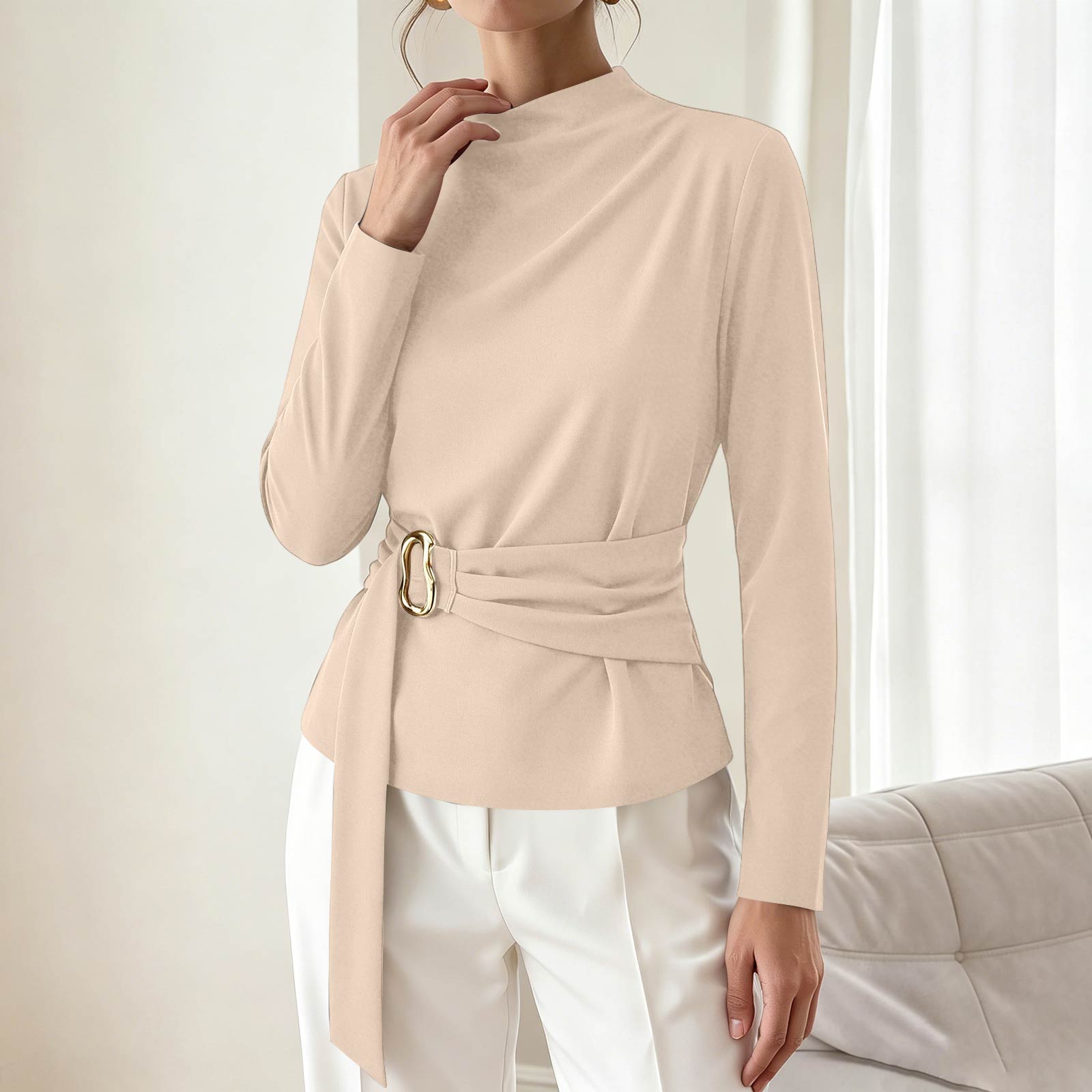 Women s Casual Slim Fit Asymmetrical Neckline Pleated Top for Everyday Layering L