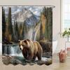 1Pc Large Bear Shower Curtain - Nature Scene Bathroom Decor With Brown Bear, Mountain Landscape & Waterfall, Machine Washable