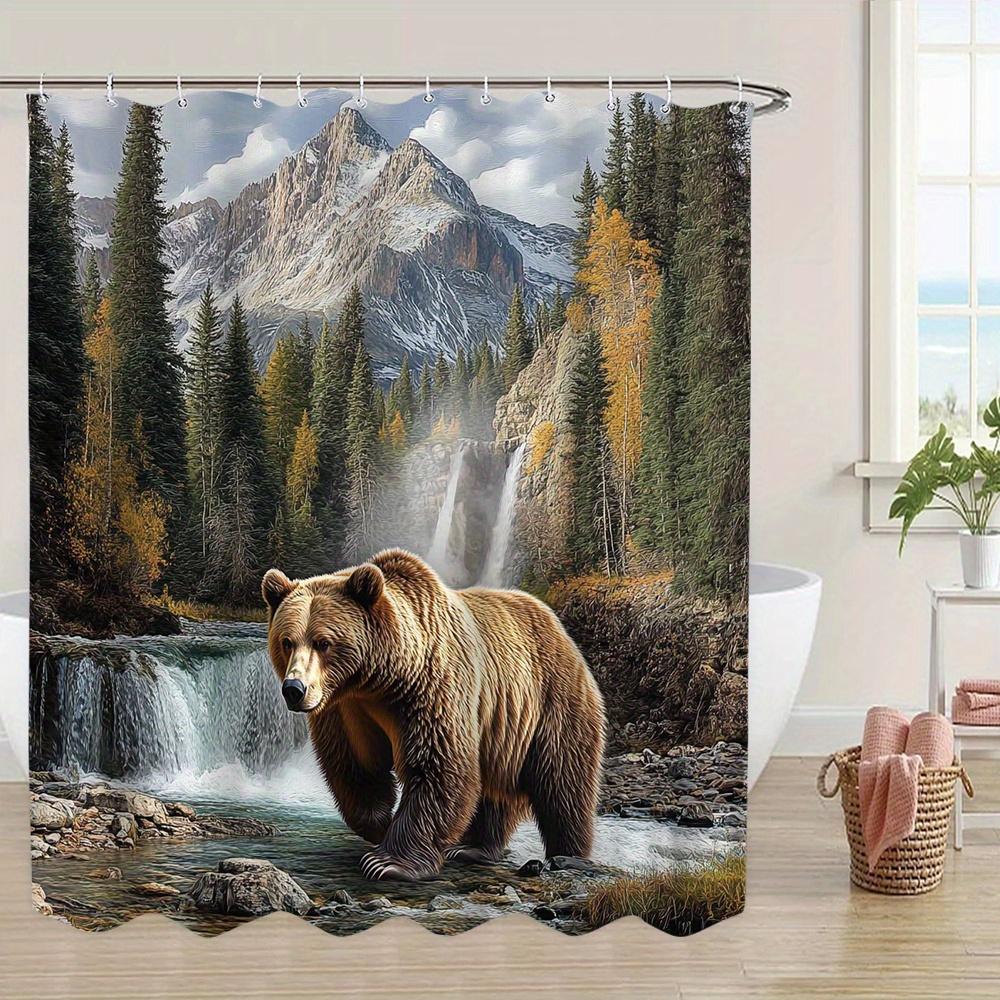 1Pc Large Bear Shower Curtain - Nature Scene Bathroom Decor With Brown Bear, Mountain Landscape & Waterfall, Machine Washable