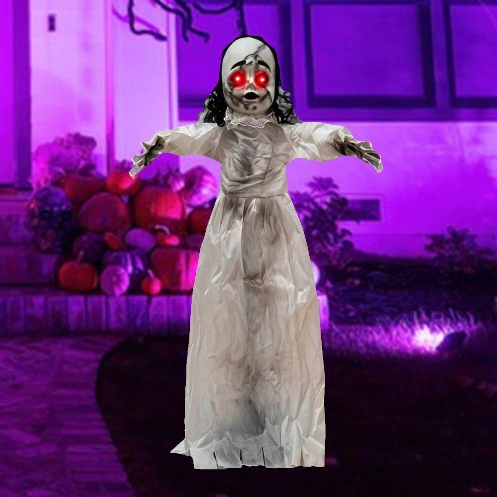 Glowing Eyes Walking Girl Doll White Clothes Swing Hanging Ghost Haunted House Prop  Entryway