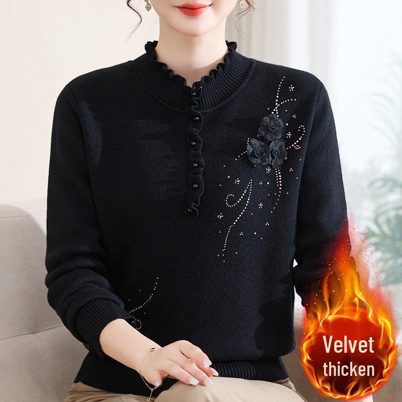 Women's Fleece Knit Top: Wood Ear Collar, Plus Velvet Warm Base Layer, Winter Inner Wear, Middle-Aged Mom's Sweater