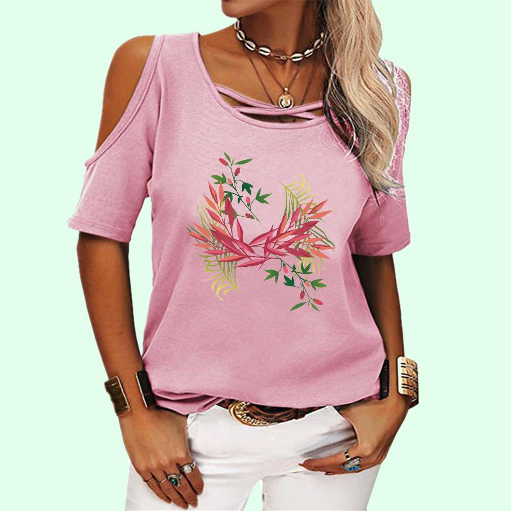 Women Fashion Round Collar Floral Print Tee Shirt Summer Pullover Off Shoulder Top Casual Short Sleeve T-shirt