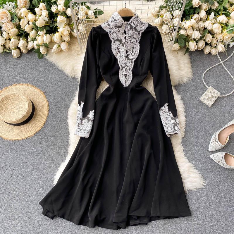 

Осеннее французское платье в стиле Хепберн для девочек в стиле ретро, ​​кружевное, бархатное, облегающее талию платье