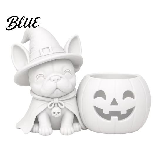 Cute Dog Halloween Gift French Bulldog Witch Statue 3D Printed Pumpkin Candle Holder Spooky PLA Ornament Figurine Tabletop Decor for Holiday