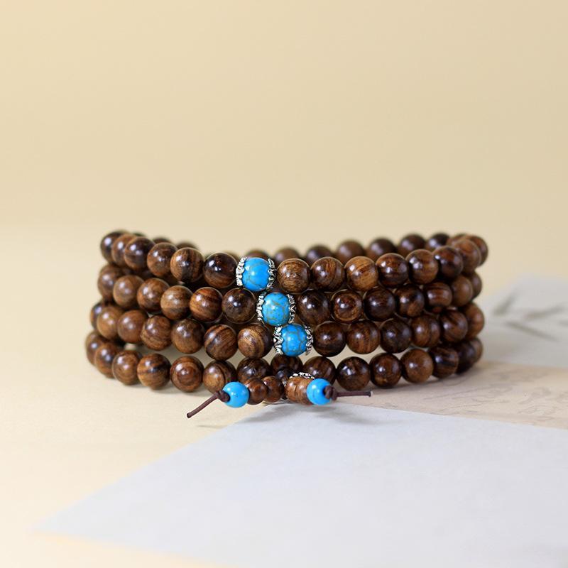 Hand Polished Wood 108 Mala Rosary Bracelet 8mm Turquoise Prayer Beads for Comfortable All Day Wear