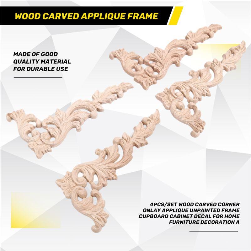 AEE4-4Pcs/Set Wood Carved Corner Onlay Applique Unpainted Frame Cupboard Cabinet Decal For Home Furniture Decoration
