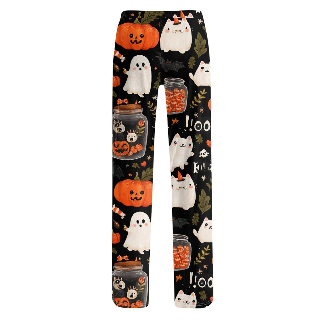 Women's Halloween Print Pants with Elastic Waist and Drawstring for Casual Home Sleepwear