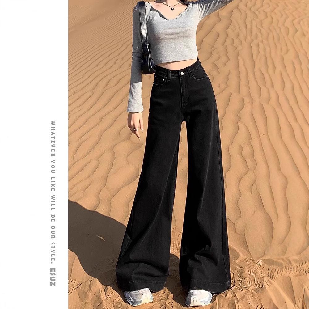 Women's High Waist Black Flared Jeans with Velvet, Wide-Leg, Floor-Length, Perfect for Spring and Autumn