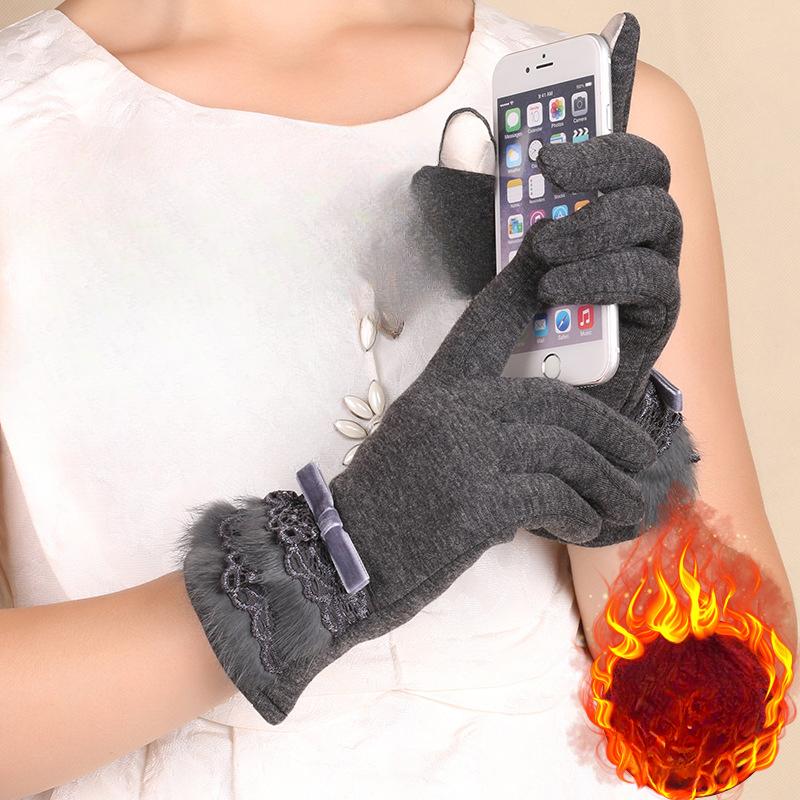 Warme Handschuhe für Damen Nicht-invertierte Samt-Touchscreen-Handschuhe Plus Samt Warm Kaninchenfellkante Spitze Niedliche Herbst- und Winterhandschuhe
