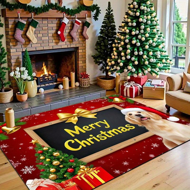 Golden Retriever Christmas Flannel Mat Carpet, Blackboard Blessing Design Pet Mat Non-Slip for Living Room Bedroom Office Decor