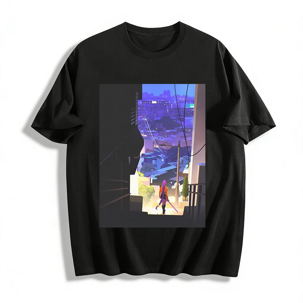 Cyberpunk Style Purple Hair Samurai Girl Night City Print T-shirt Trendy Anime Street Casual Top Pure cotton T-shirt XXS