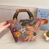 Sequined Embroidery Tote Bag Floral Applique Women Handbag Mesh Linen Basket Bags for Women Wooden Handle Clutch Purses