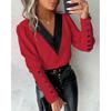 Womens V-Neck Solid Color Long Sleeve Button-Up Blouse Soft Satin Office Chic Top