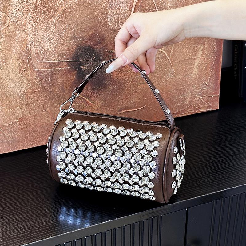 Summer niche cylinder portable women's bag 2025 new fashion rivet diamond pillow bag chain shoulder messenger bag