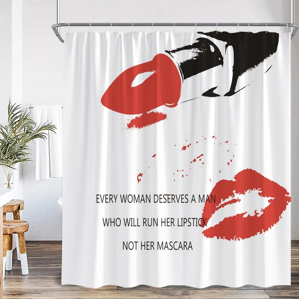 Rote High Heels Duschvorhänge Kosmetik Rote Lippen Rosa Badezimmerdekorationen Modernes Mode-Mädchen Schönheit Badevorhang mit Haken