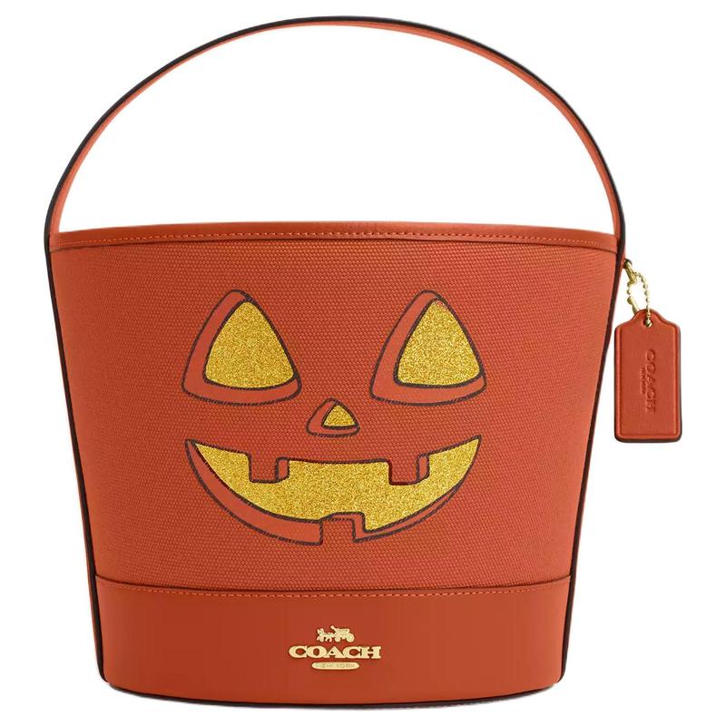 

COACH 25 Metal Brand Logo Canvas and Leather Bucket Bag Handbag Medium Women s Gold and Dark Orange золотой