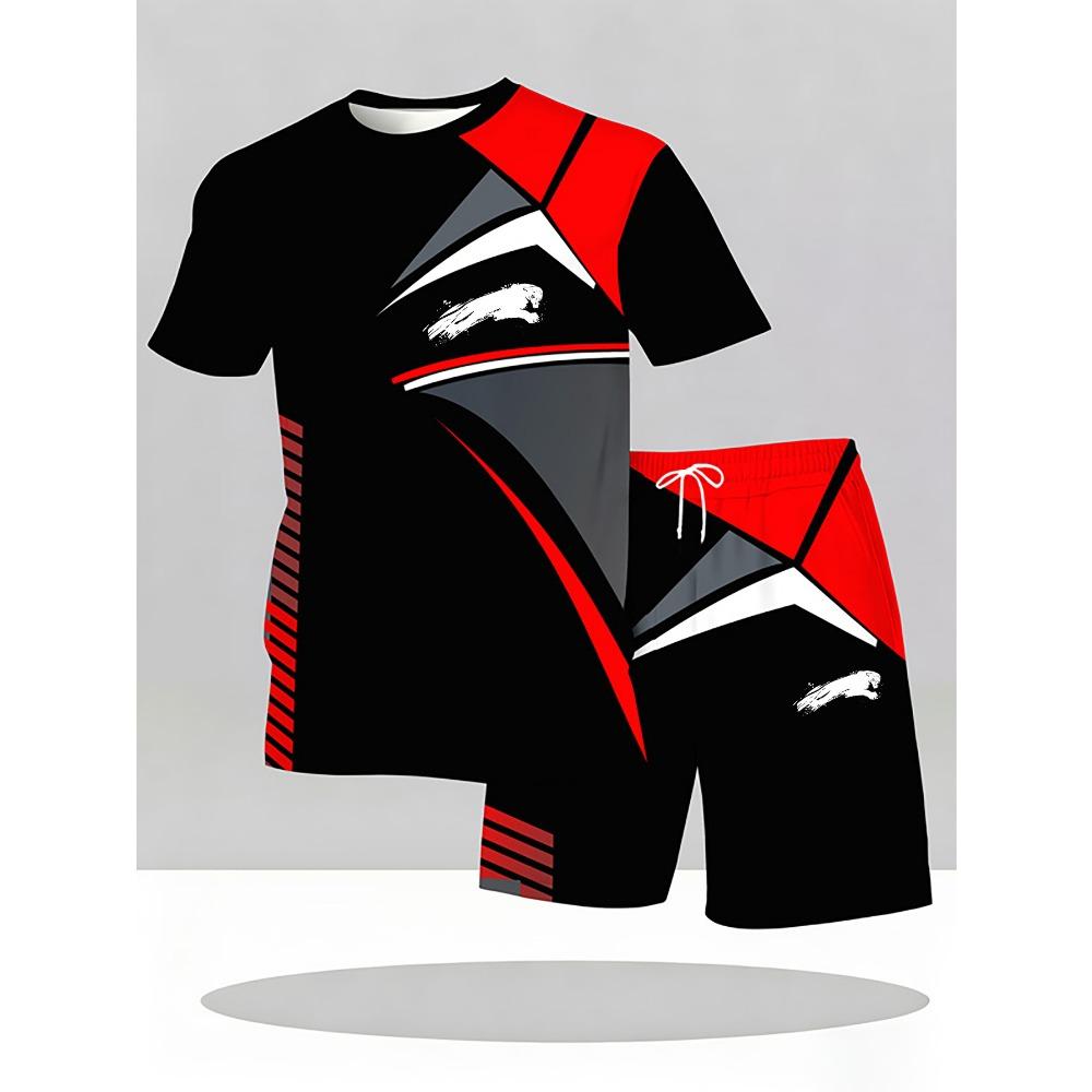 Men s Fashion Trendy Casual Round Neck Printed Short Sleeve Set Men s suit S