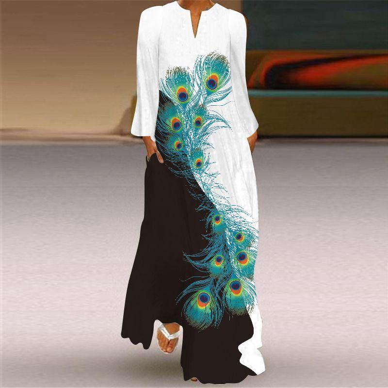 2025 Spring and Summer Fashion New Women's Retro Butterfly Print Long Dress Chiffon V Neck Long Sleeves Pocket Dress