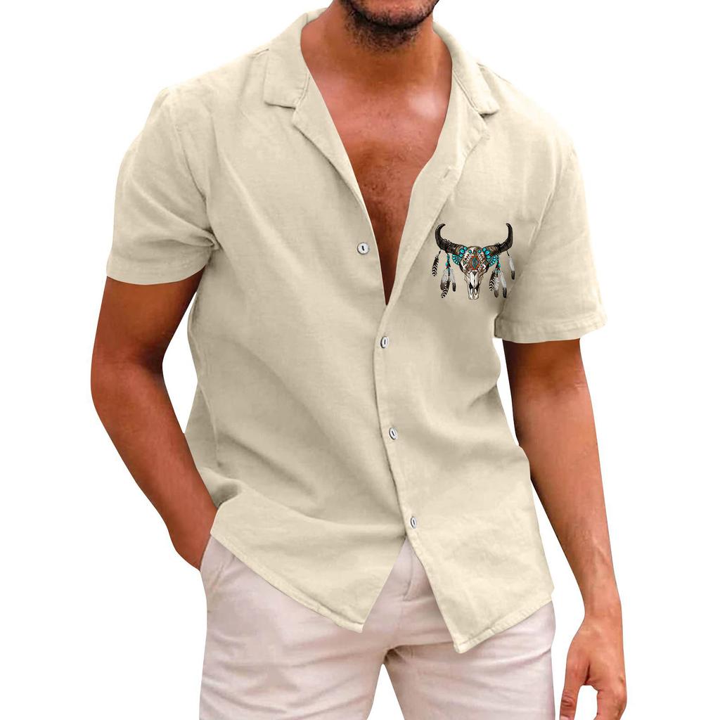 Bohemian Men's Casual Printed Short Sleeved Single Breasted Lapel Shirt