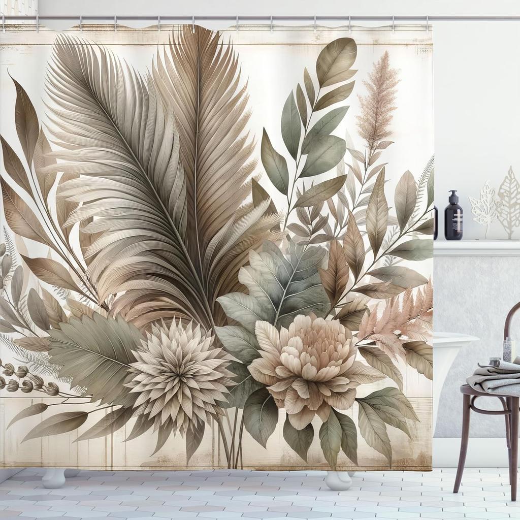 Vintage Duschvorhang, Boho Botanisch Erdige Töne Blumen Äste und Blätter Bohemian Romantik, Stoff Badezimmer