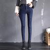 Women Fashion Soild Plush Jeans High Waist Thickened Tight Fitting Sweatpants Warm Casual Pants