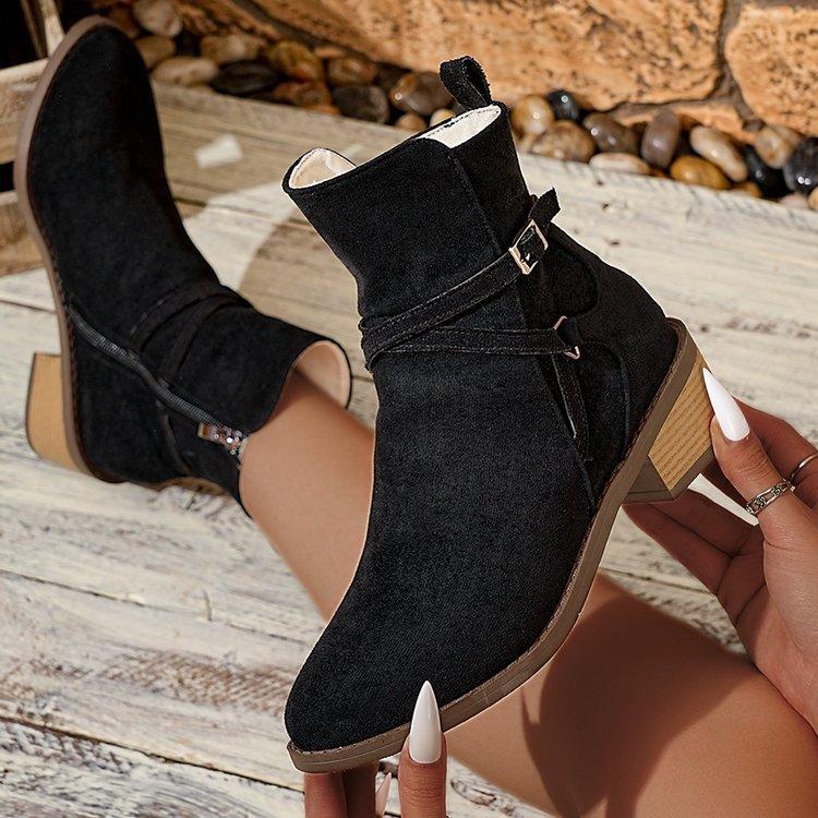 Large Size Round Head Square Heel Side Zipper Cigarette Boots Autumn New Metal Buckle Low Tube Women's Boots