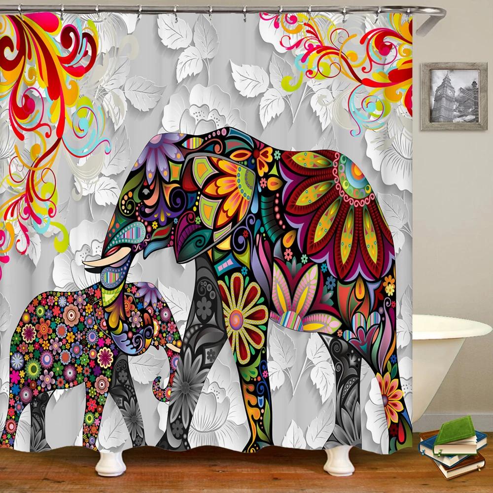 India Elephant Shower Curtains Colorful Mandala Bohemian Bathroom Curtain Waterproof Polyester Fabric Bathtub Screen With Hooks