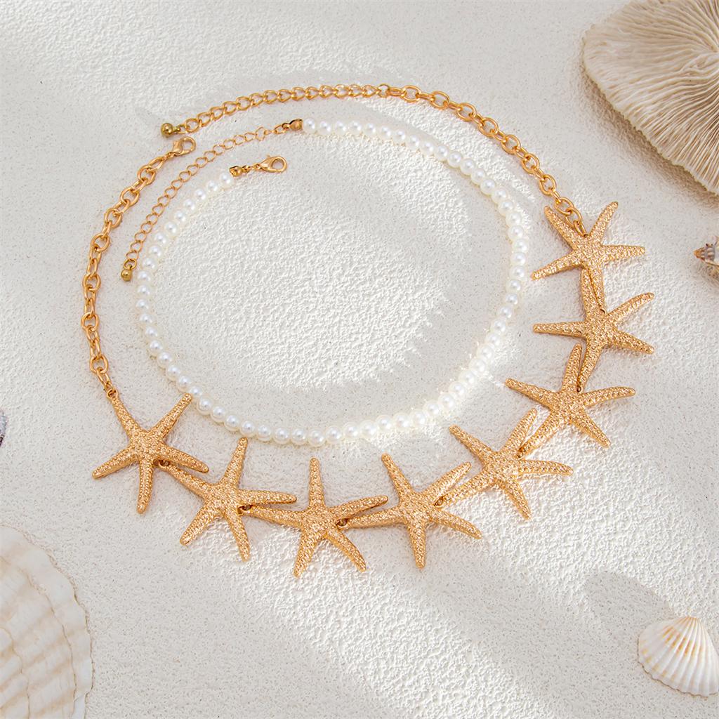 Exaggerated Starfish Chain Necklace for Women Bohemian Imitation Pearl Double Layer Choker Trendy Beach Party Vacation Jewelry