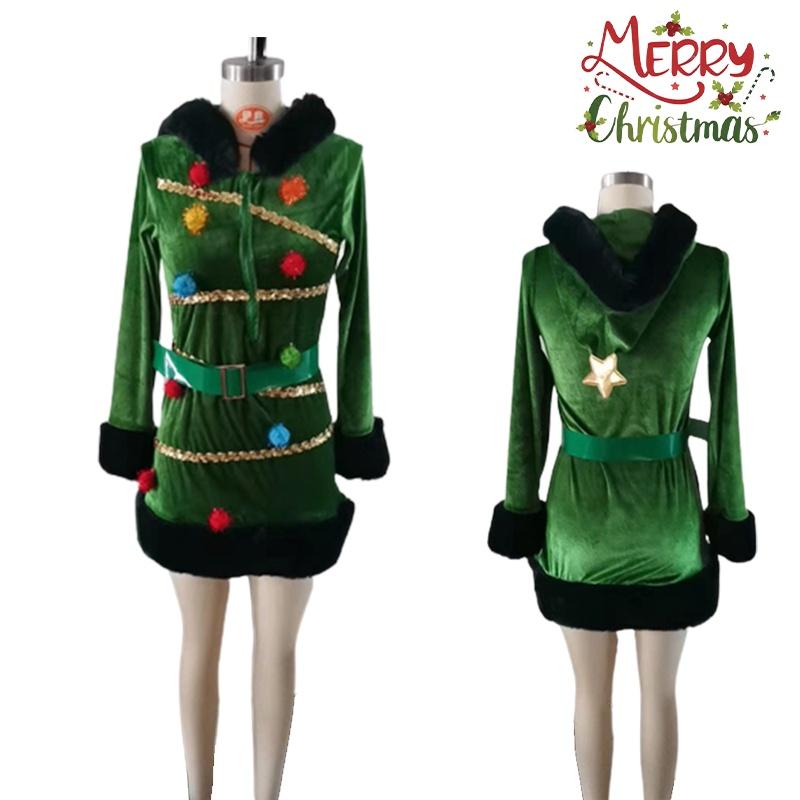 Christmas Women Tree Dress Hat Belt Outfit Long Sleeve Cosplay Costume Xmas Gift