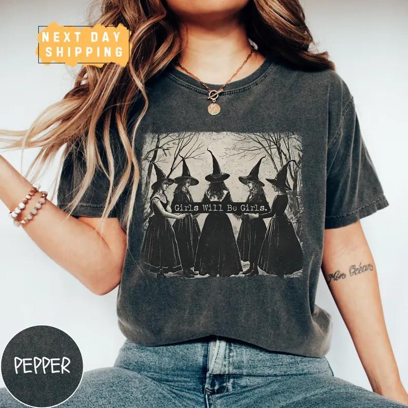 Le ragazze saranno ragazze Streghe Grafica Vintage di Halloween Maglietta S-5XL