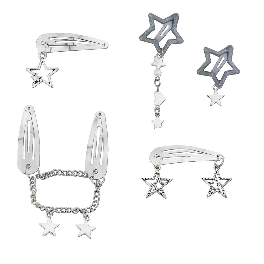 10Pcs/5Pcs Star Pendant Hair Clips Unique Pentagrams Barrettes for Women Hair Accessories Metal Chain Gothic Hair Pins