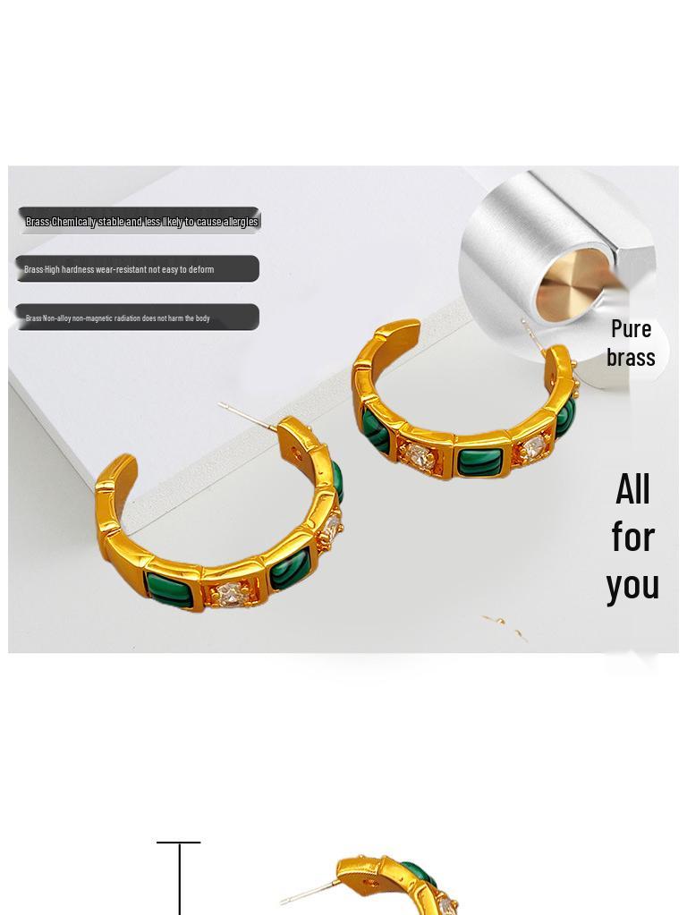 Retro European and American Malachite C-Shaped Earrings: High-End Luxury Fashion Jewelry for Women