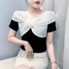 Women's Cross Neck Color Block Summer T Shirt Chic Slimming Versatile Youthful Trendy Elegant Casual Blouse