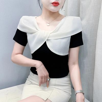 Camiseta de Verano para Mujer con Cuello Cruzado y Bloques de Color Elegante Adelgazante Versátil Juvenil Moderna Elegante Casual Blusa