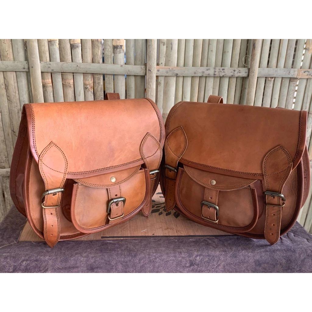 Large Motorcycle Pair Goat Leather Saddle Bags Luggage 2 Brown Bag