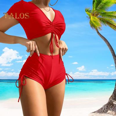 2 pçs/set feminino verão conjunto de biquíni com decote em v manga curta topos cintura alta cordão troncos natação cor sólida secagem rápida maiô