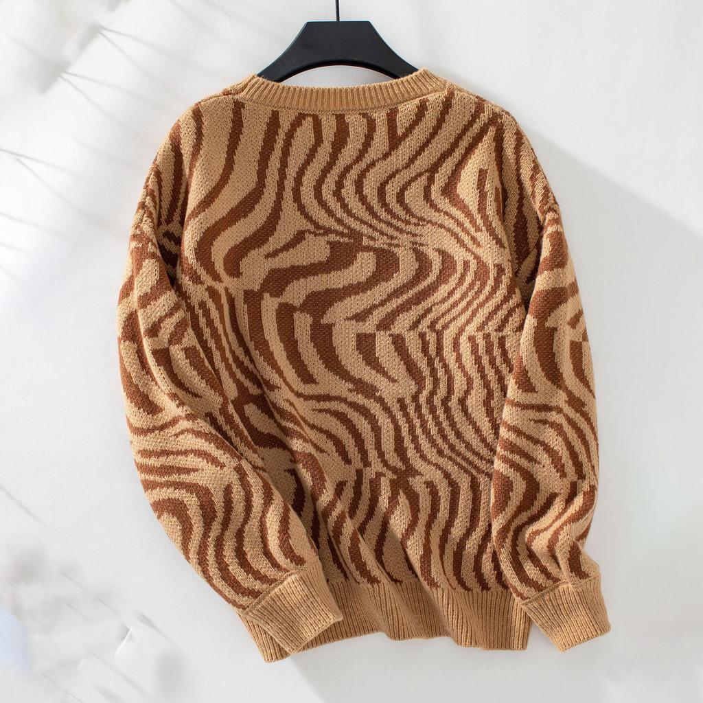 Autumn Winter Vintage Loose Long Sleeve Top Print Cardigan Knitwear O-Neck Sweater