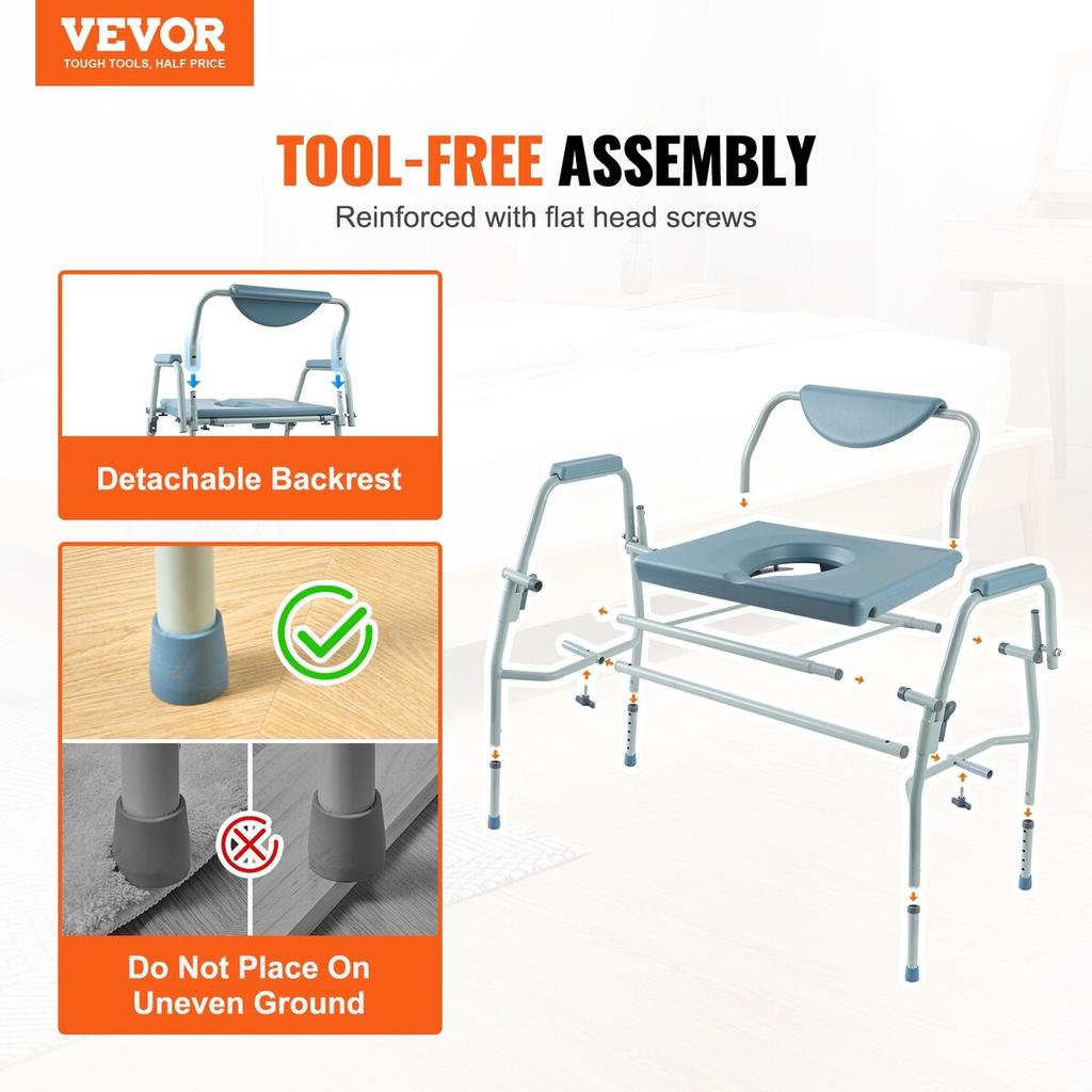 Commode Chair, Bedside Commode with Drop-Down Arms and Detachable Backrest, 5-Level Adjustable Height, 7L Removable Bucket, Easy to Assemble, 1000LBS