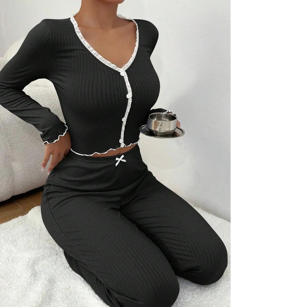 Autumn Winter Homewear Pajamas Set for Women Long Sleeves Shirt Trousers 2 Pieces Sexy Lace Pijamas Sleepwear Loungewear