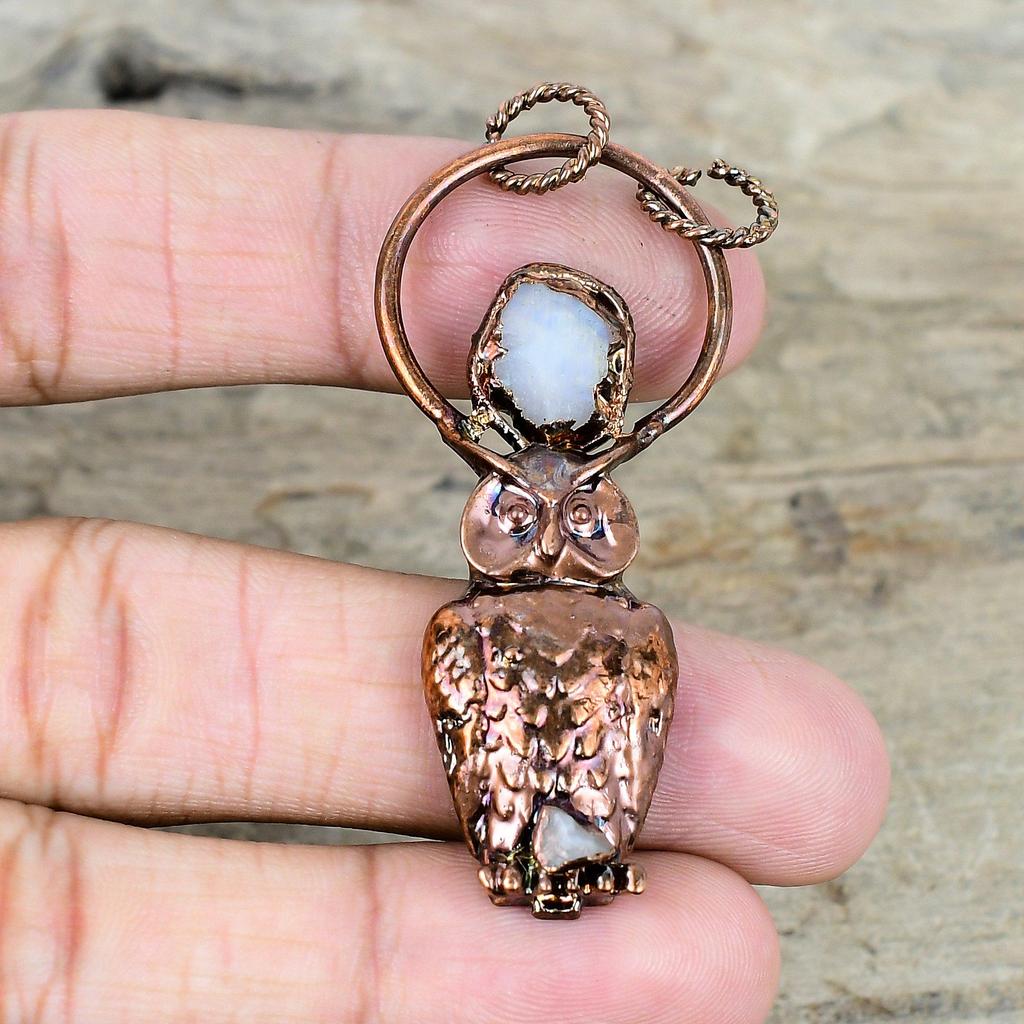 Rainbow Moonstone Rough Pendant Electroformed Copper Pendant Natural Gemstone Pendant Owl Pendant Handmade Copper Jewelry Anniversary Gifts