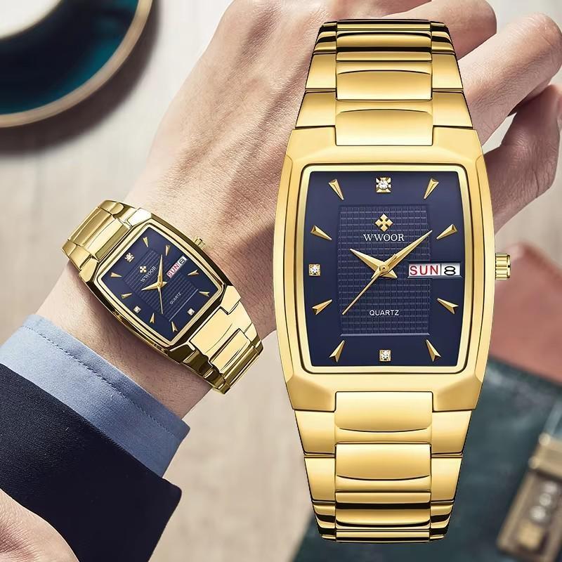 WWOOR Luxury Business Men Watches Gold Quartz Stainless Steel Sport Clock Waterproof Week and Date Wrist Watches