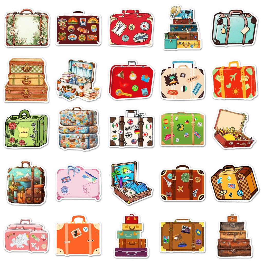 50 Retro Suitcase Stickers: Vintage Hand-painted DIY Decor for Journals & Skateboards