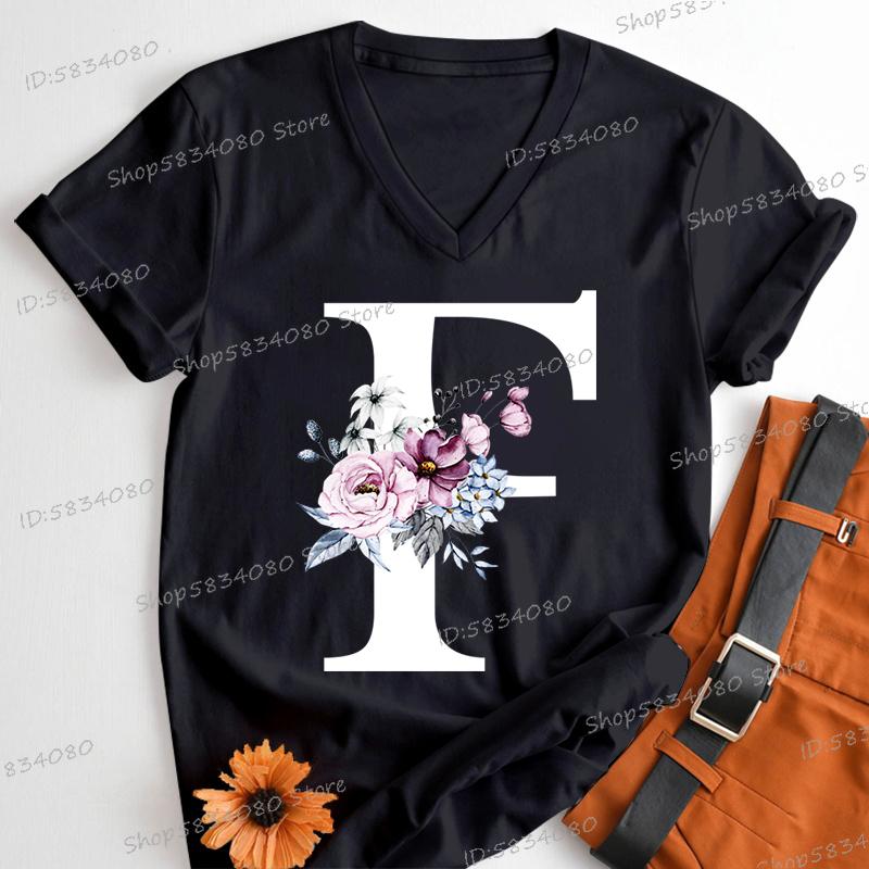 Letter B Floral T Shirts Women English Alphabet Birthday Gift Women 26 Initials Flower Classic Tops Tees Alphabet Floral Tshirt